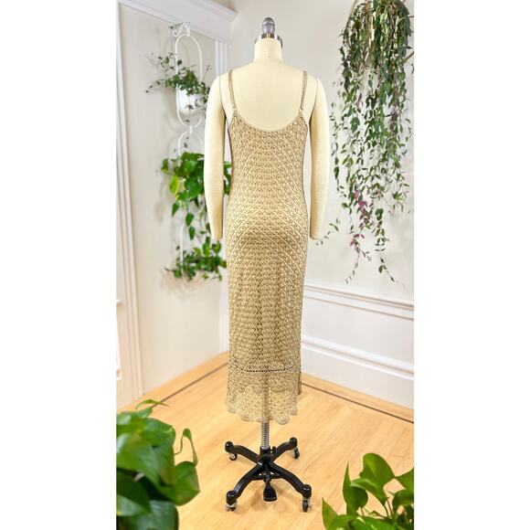 Vintage 2000s Party Dress Y2K CACHE Metallic Gold Crochet Spaghetti Strap Slip - Picture 6 of 11